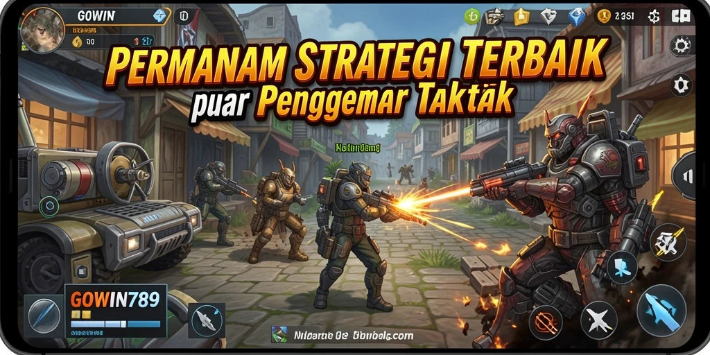 Tampilan gameplay intens di GOWIN789 dengan sekelompok karakter strategis.