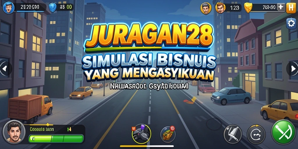 Tampilan menarik dari gameplay JURAGAN28 yang menggambarkan simulasi bisnis.